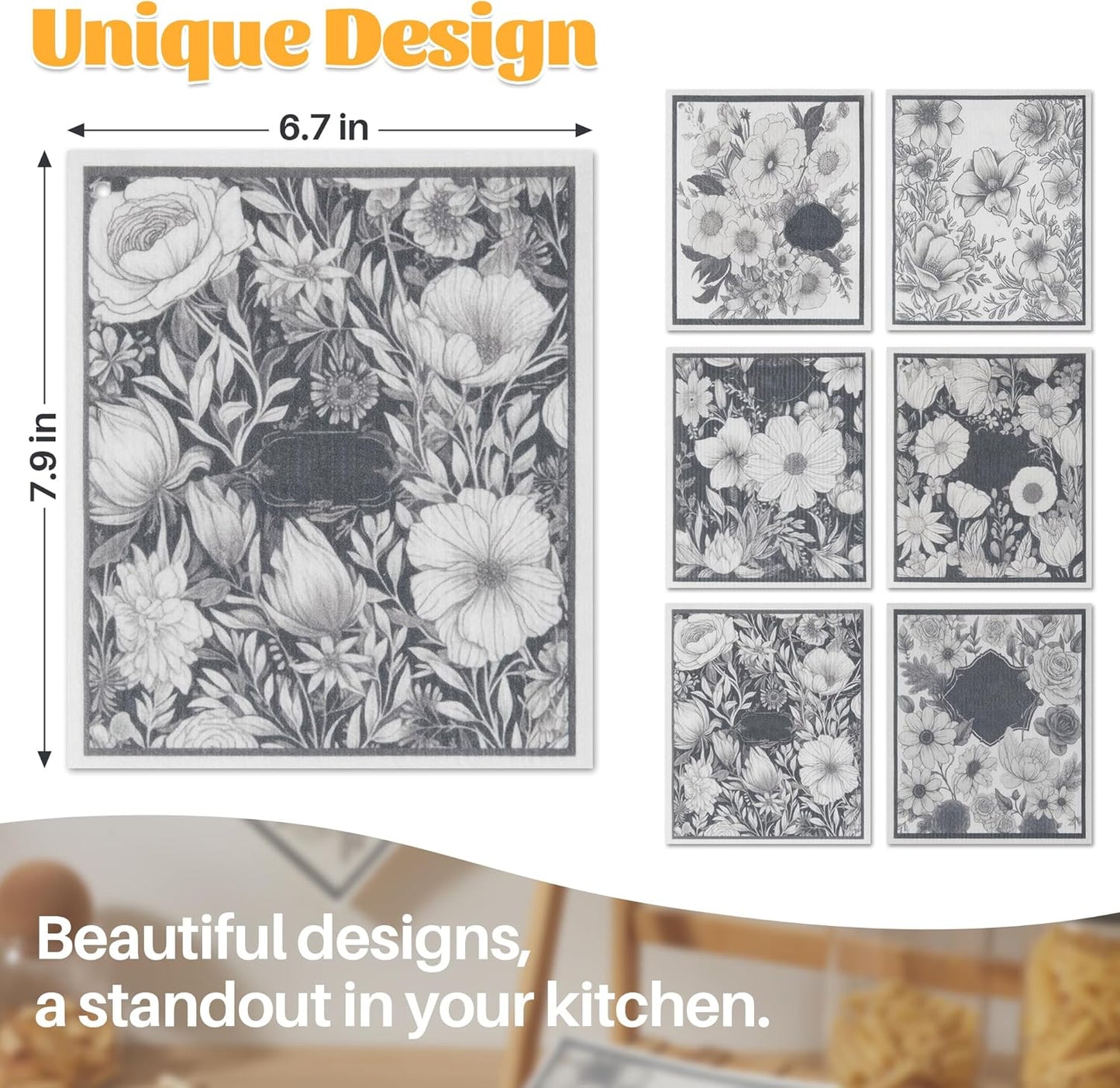 JOYMOOP 12 Pack Decorate Cleaning Cloth (Black White of Decorative Series), Reusable Absorbent Dish Towels, Non-Scratch Washable Rags for Cookware, Kitchen and Household Cleaning - 6.7×7.9 inch