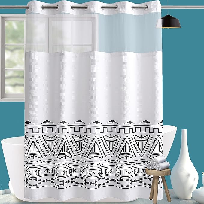 Conbo Mio No Hook Waffle Weave Shower Curtain with Snap in Liner Set, Hotel Luxury Boho Shower Curtains for Bathroom with See Through Top Window, Waterproof, Washable 71W x 74H White