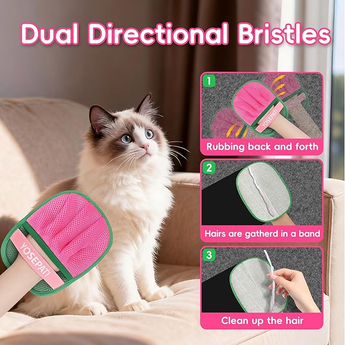 Thickened Ectrostatic Pet Hair Removal Glove for Cat & Dog, Upgraded Five-Finger Reusable Magic Brush Pet Hair Remover Tool for Couch, Clothing, Carpet & Car Seat (2Pcs-Green & Pink)