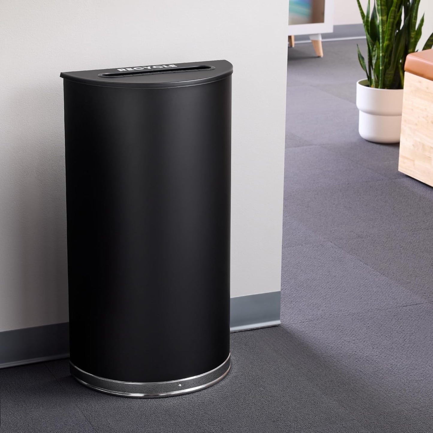 Safco Trash Can, 15 Gallon Garbage Bin with Dual Trash and Recycling Lids, Half Round, Black
