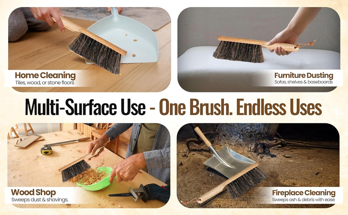 Dustpan Bench Woodworking Brush-USA 13 inch Horsehair Brushes are Used for Counter, Furniture, Drafting, Patio, Fireplace Cleaning, Shop Brush, Leather Tie, Woodworking Tool & Accessories