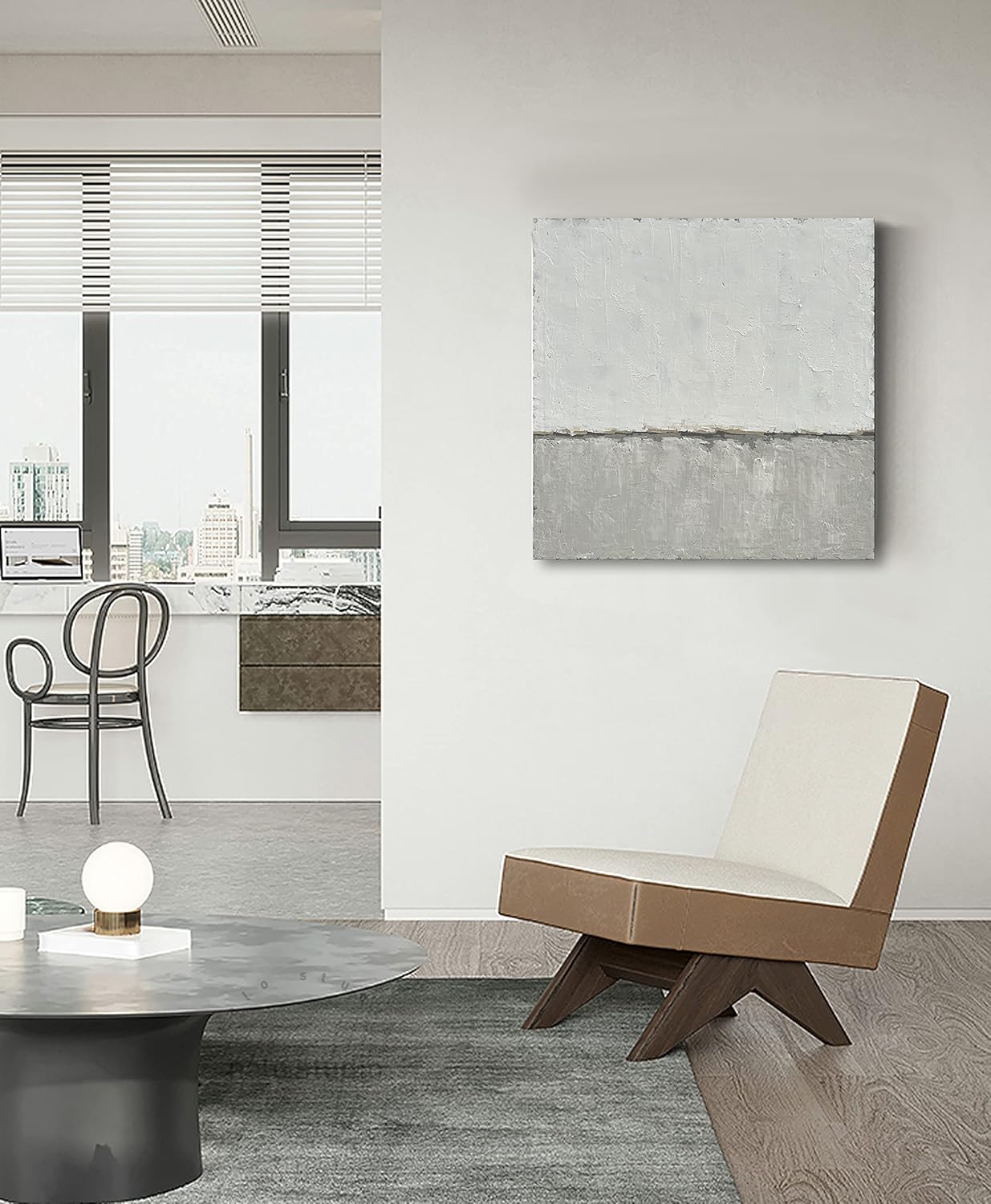 NANKAI art Hand-painted abstract canvas wall art featuring a minimalist design in gray White acrylic painting Original modern home decoration art Can be hung directly on the wall. 24x24 inches