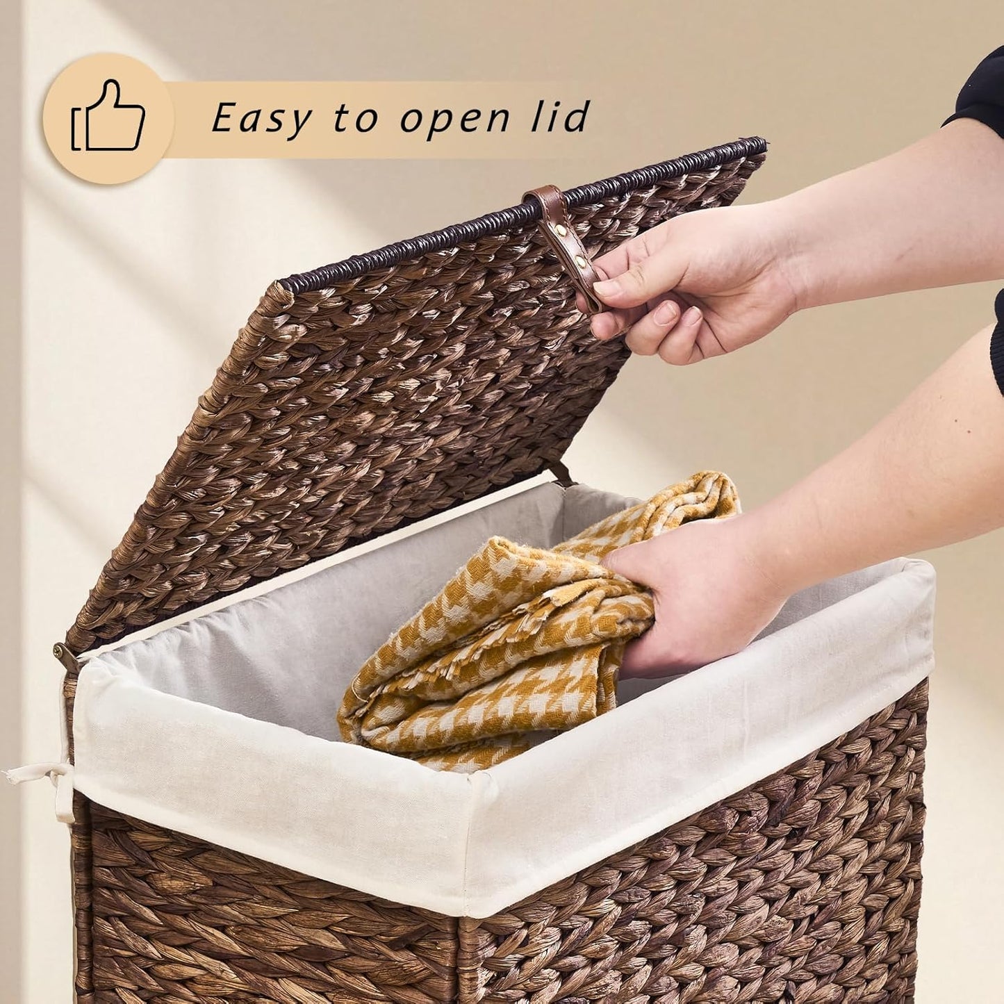 Handwoven Laundry Basket with Lid, Natural Water Hyacinth Storage Basket with Handle, Removable Cotton Liner, Durable and Stylish for Bedroom, Bathroom, Laundry Room