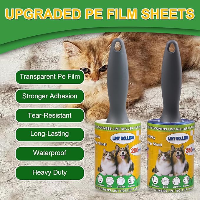 Lint Roller Pet Hair Value Pack of 500 Sheets, Extra Sticky Lint Remover for Dog & Cat Fur, Clothes, Furniture, Couches Reusable Rollers for Fuzz, Fluff & Hair (White, 2 Count / 500 Sheets)