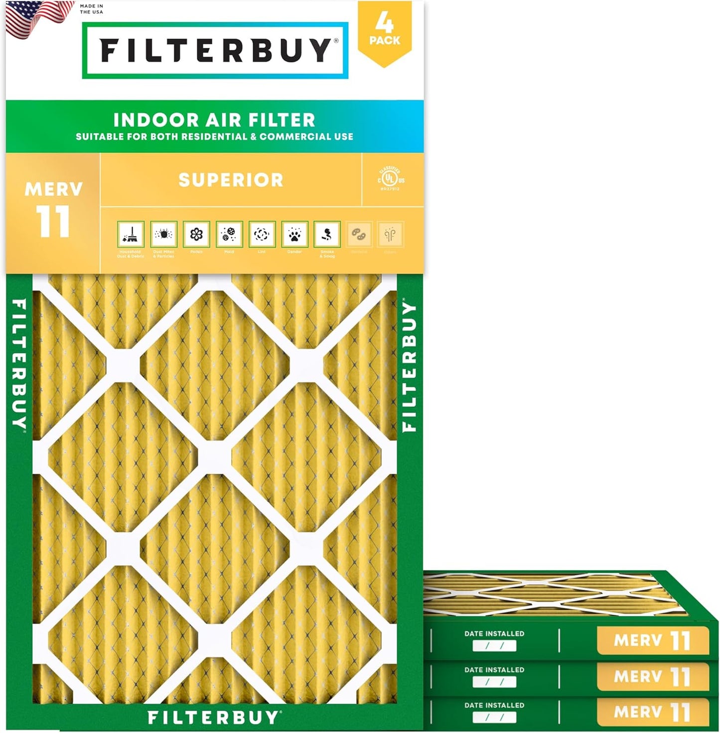 Filterbuy 12x25x1 Air Filter MERV 11 (MPR 1200) Allergen Defense Replacement (4-Pack), Electrostatic Pleated HVAC AC Furnace Filters, Made in USA (Actual Size: 11.75 x 24.75 x 0.75)
