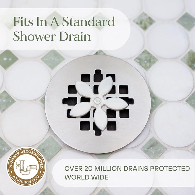 DrainWig Shower Drain Hair Catcher – Disposable White Flower (2-Pack) – No-Touch Hair Removal for Flat Shower Drains – As Seen on Shark Tank