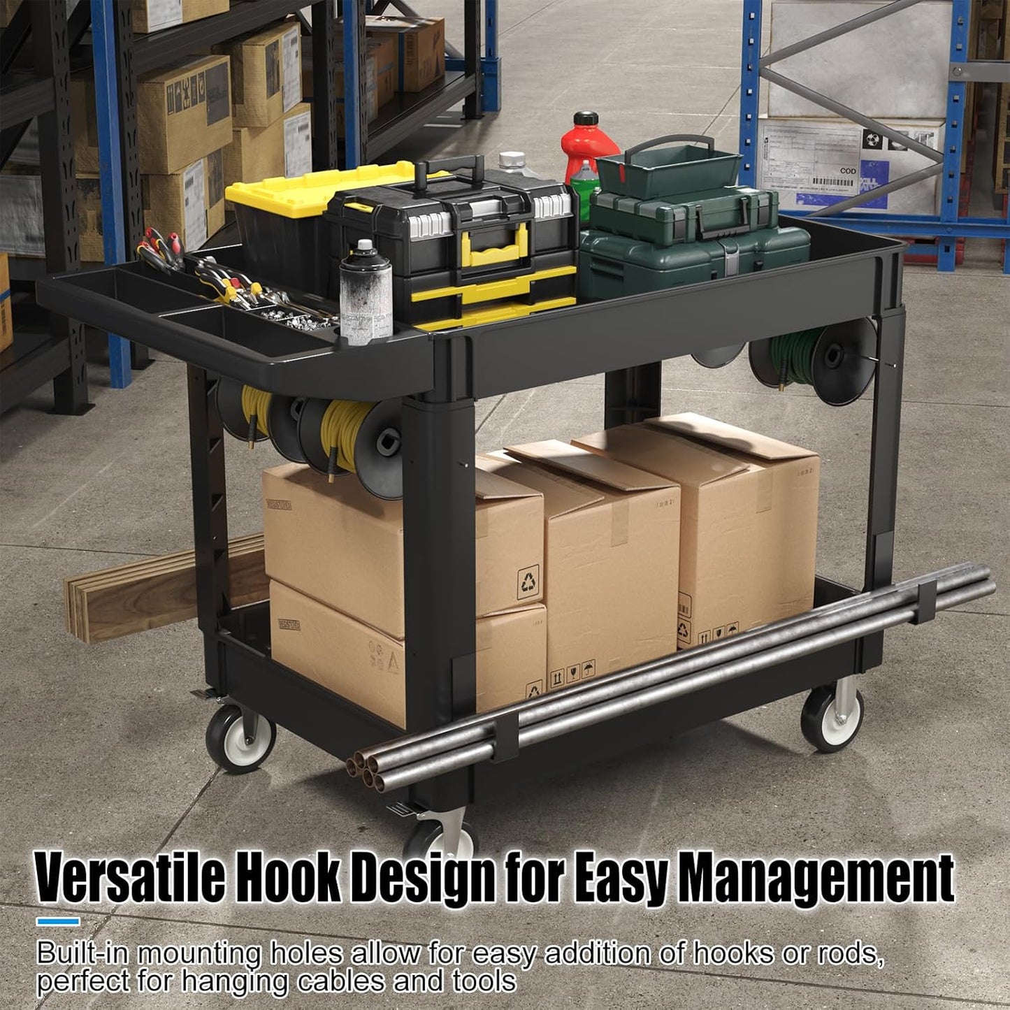 Heavy Duty Rolling Utility Cart with Wheels 2-Tier Utility Plastic Service Work Cart for Shop, Garage, Warehouse, Maintenance 550 lbs