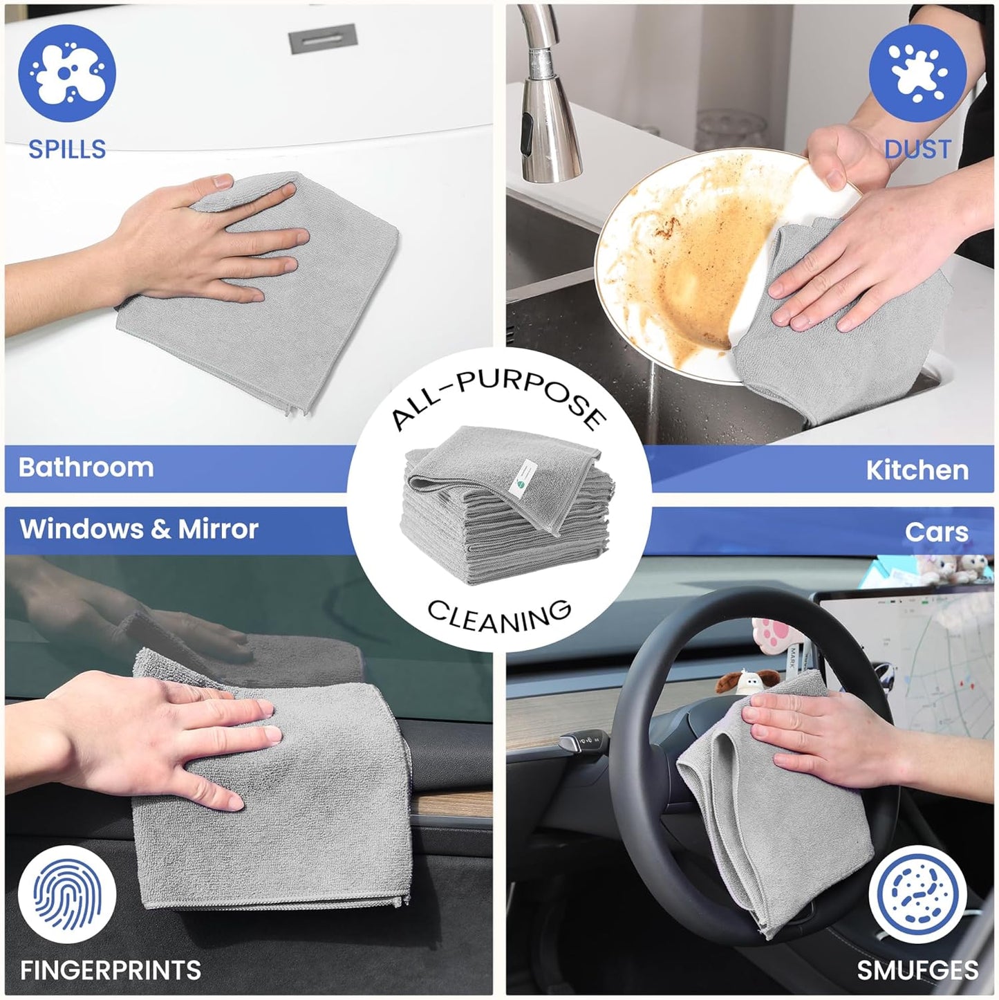 Microfiber Cleaning Cloths - 12 Pack, Grey, 12.2" x 12.2", Lint-Free, Streak-Free, Absorbent, Multi-Purpose, Heavy-Duty, Durable, Easy to Clean