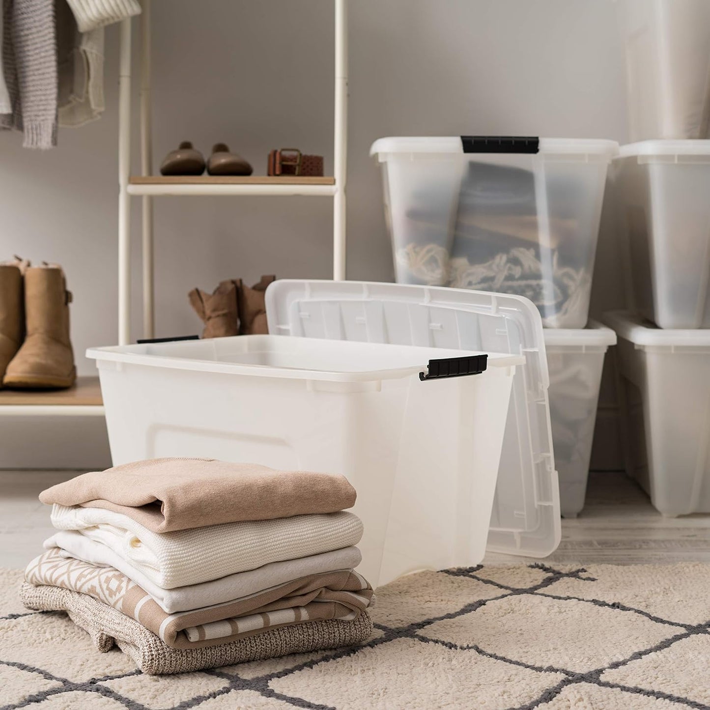 IRIS USA 54 Qt Stackable Plastic Storage Bins with Lids, 4 Pack - BPA-Free, Made in USA - Discreet Organizing Solution, Latches, Durable Nestable Containers, Secure Pull Handle - Pearl