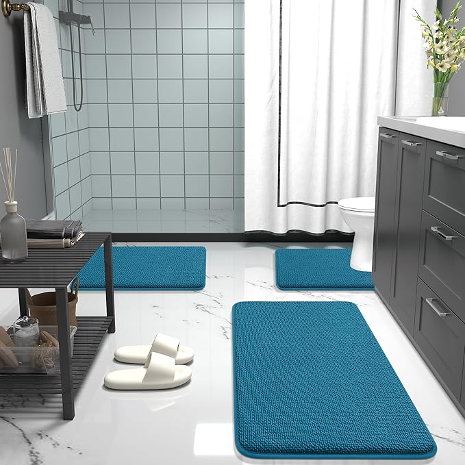 OLANLY Thick Memory Foam Bath Mat Rug 47x24, Extra Soft Absorbent Bathroom Rug, Quick Dry Bath Mat, Non-Slip, Machine Washable Carpet for Bathroom, Tub and Shower, Home Decor Accessories, Peacock Blue