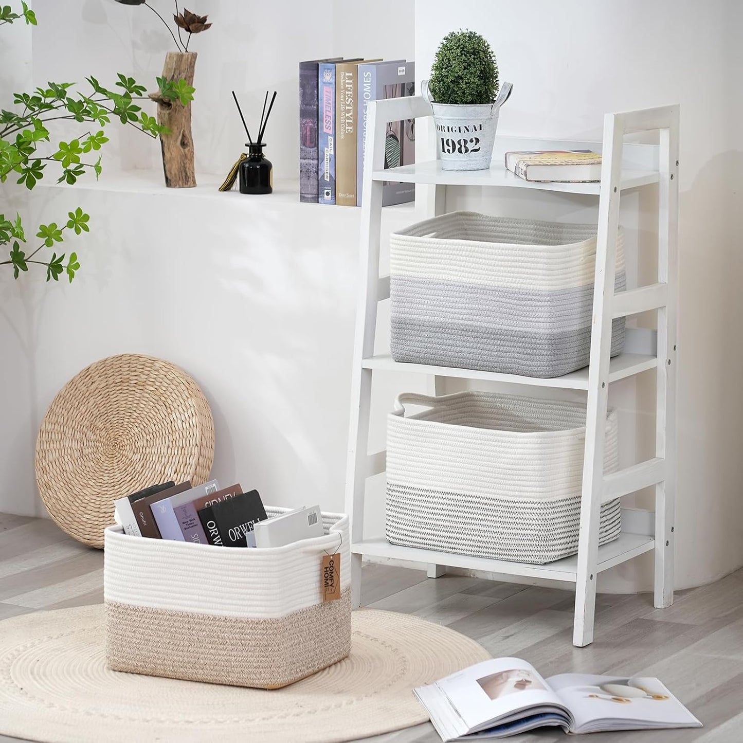 COMFY-HOMI 3-Pack Cotton Rope Woven Basket with Handles for Shelves, Books, Toys, Cloth Storage|Towel Storage|Nursery Baby Basket - 13.5" x 11" x 9.5" for Living Room (White/Brown)