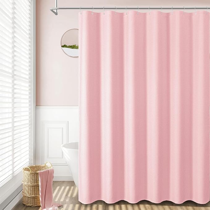 Dynamene Stall Fabric Shower Curtain - 36x72 Waffle Weave Weighted Cloth Shower Curtains for Bathroom, Neutral Heavy Duty Hotel Spa Luxury Bath Curtain Set with 6 Plastic Hooks, Pink
