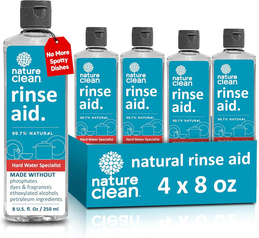 Nature Clean All Natural Dishwasher Rinse Aid Cleaner, Liquid Dishwasher Rinse Agent for Spot-Free Glass & Cutlery in Hard Water, Non Toxic Dish Washer Rinse Aid & Stain Remover, 8 oz/250ml, Pack of 4