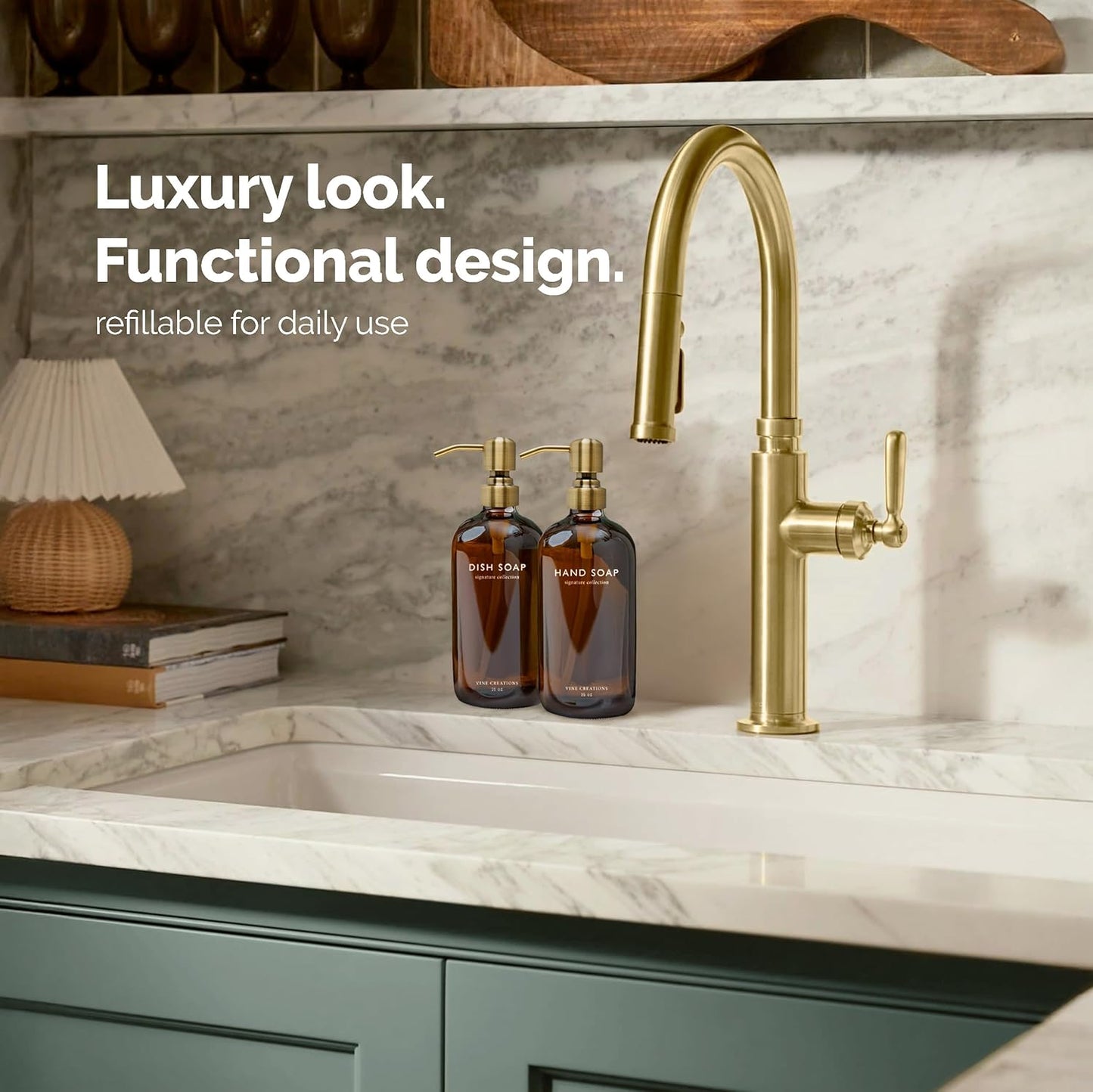 Vine Creations Amber Glass Soap Dispenser Set, Dish Soap and Hand Soap Dispenser Set with Stainless Steel Pump, 16 oz Glass Dispensers for Kitchen or Bathroom Decor (Amber Bottle/Brushed Brass Pump)