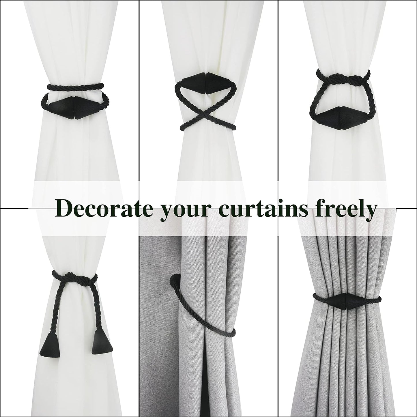2 Pack Magnetic Curtain Tiebacks Rope Modern Handmade Curtain Tie Backs Decorative Drapes Weave Holdbacks for Window Décor, Black