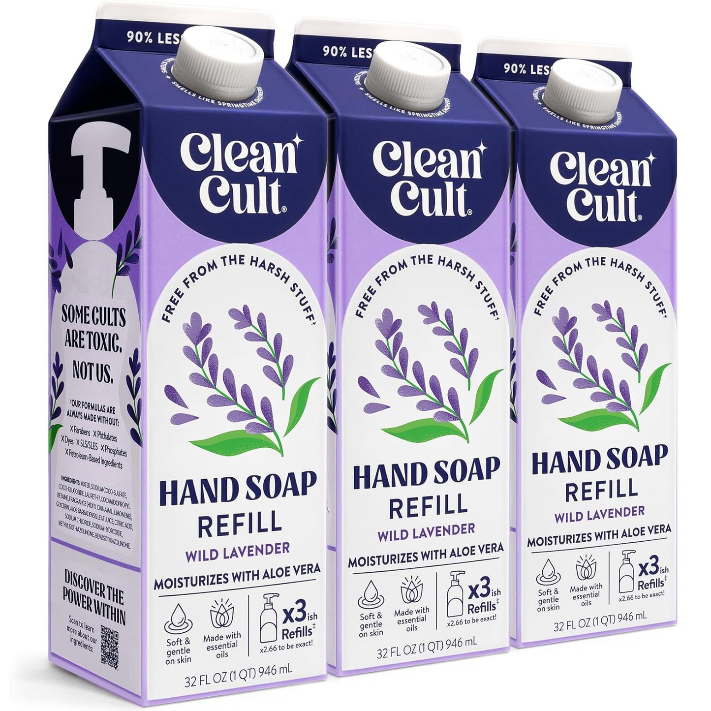 Cleancult Liquid Hand Soap Refills - Wild Lavender - Moisturizes Dry & Sensitive Skin -Made with Aloe Vera & Lavender Essential Oils - Eco Friendly - Paper-Based Packaging - 32 oz/3 Pack