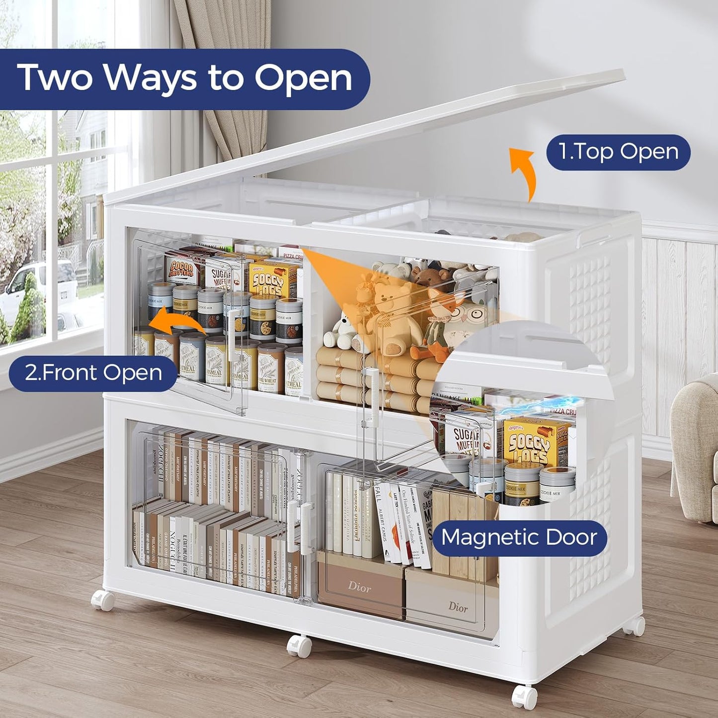 200GAL Storage Bins with Lid and Wheels, Stackable Closet Organizers and Storage Drawer, Collapsible Storage Box with Dividers, Foldable Plastic Cabinets Cubes Totes for Garage, 5 Pack White