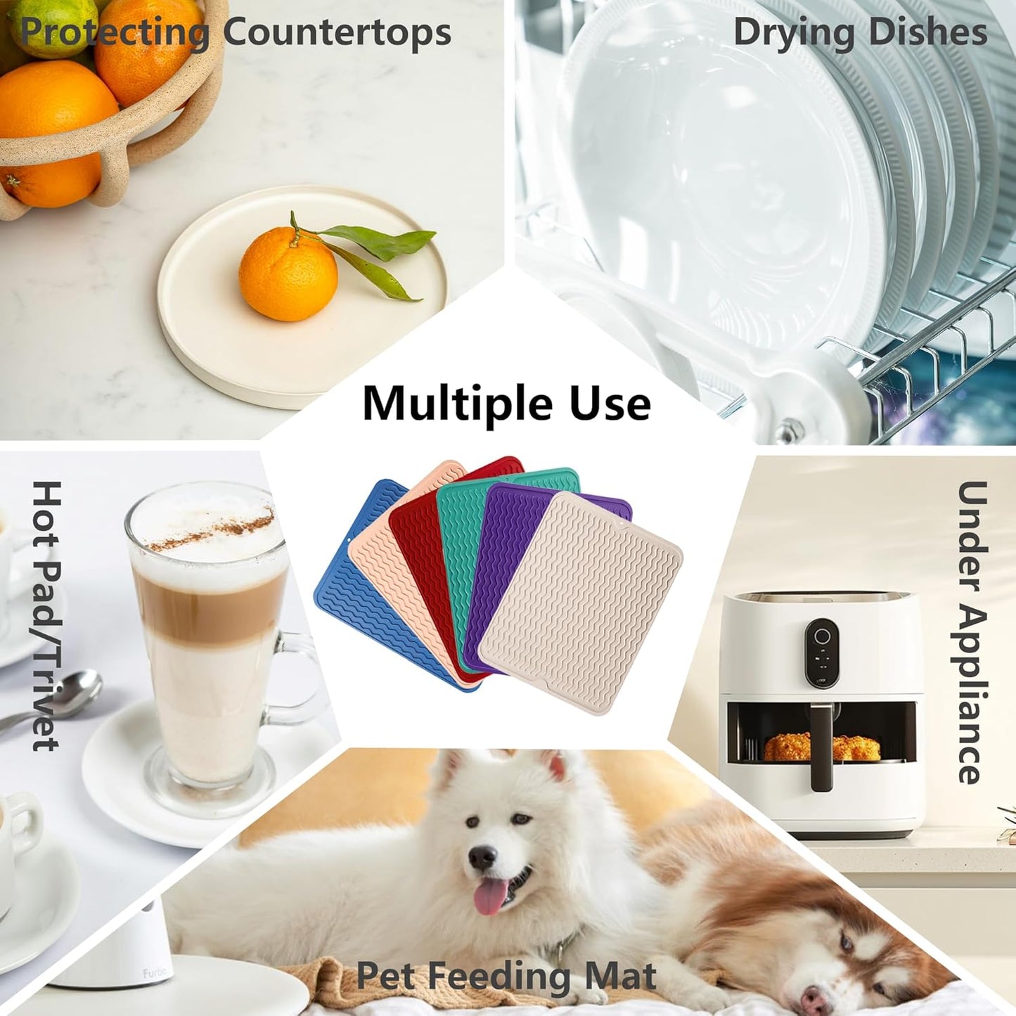 ZLR Silicone Dish Drying Mat for Kitchen Counter, Eco-Friendly Fast Dry Dish Mat, Easy Clean Multi Usage Drying Matt, Heat Resistant Trivet, 16" x 12" Large, Milk White