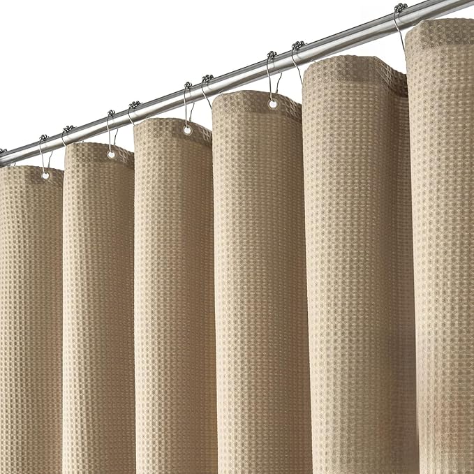 Dynamene Extra Long Fabric Shower Curtain - Waffle Weave 90 Inches Long Heavy Duty Cloth Shower Curtains for Bathroom, 256GSM Tall Hotel Luxury Bath Curtain Set with 12 Plastic Hooks, Beige/Khaki