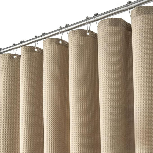 Dynamene Extra Long Fabric Shower Curtain - Waffle Weave 90 Inches Long Heavy Duty Cloth Shower Curtains for Bathroom, 256GSM Tall Hotel Luxury Bath Curtain Set with 12 Plastic Hooks, Beige/Khaki