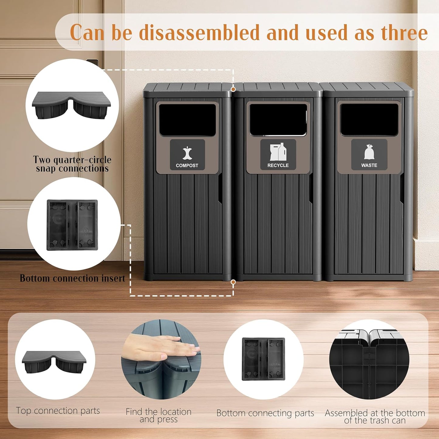 ROJIK 35" Tall Outdoor Trash Can,Weatherproof Resin Garbage Indoor Durable Lightweight,Suitable for Patio Office Kitchen,Easy to Clean,Assemble(Waste&Recycle&Composter, Black)