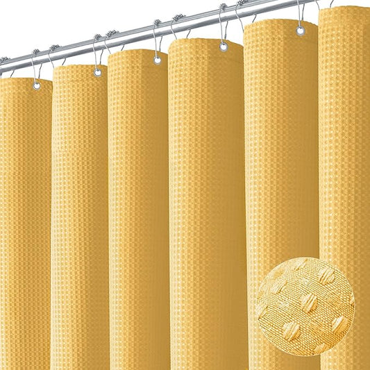Dynamene Gold Fabric Shower Curtain - Waffle Weave Textured Heavy Duty Cloth Shower Curtains for Bathroom, 256GSM Hotel Luxury Weighted Bath Curtain Set with 12 Hooks,72x72, Gold