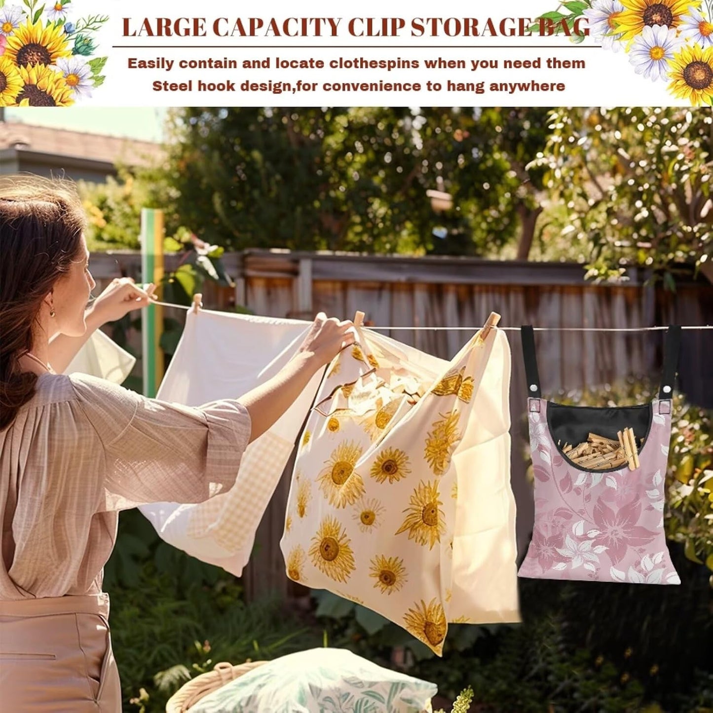 Reinforced Outdoor Clothespin Storage - Minimalist Pink Flower Print Windproof Hanging Bag with Large Opening - Weather Resistant Design for Year-Round Clothesline Use 14.5x12in