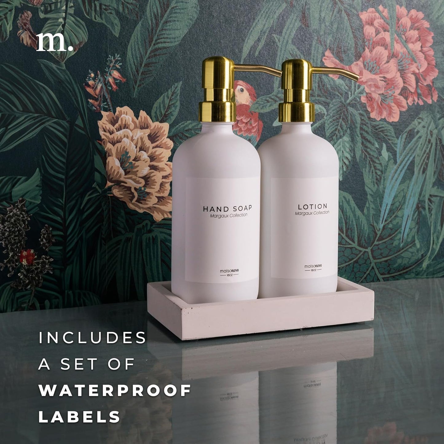 MaisoNovo Soap Dispenser 3-Piece Set | 16.9oz White Bottles with Gold Stainless Steel Pumps