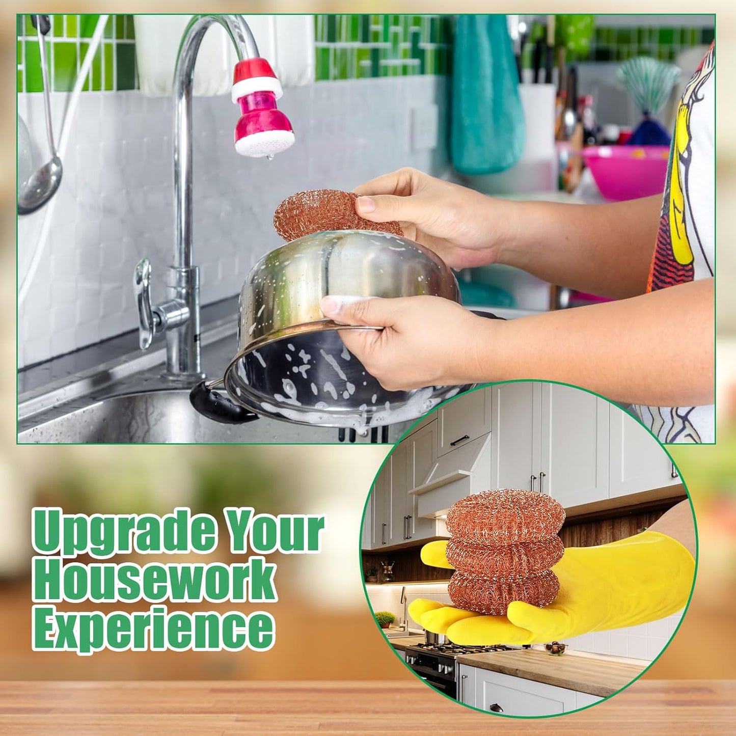 Hushee 50 Pack Copper Coated Scourers Rust Resistant Scrubbing Scouring Pad with 1 Pair of Rubber Household Cleaning Gloves Heavy Duty Copper Mesh Scourer for Dishes, Pots, Pans, and Ovens