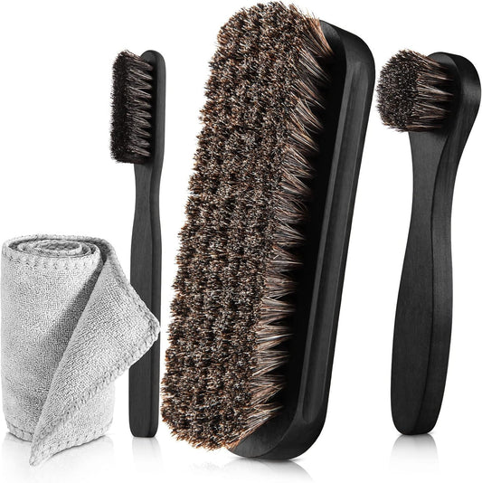 4 Pcs Horsehair Shine Shoes Brush Kit Polish Dauber Applicators Cleaning Leather Shoes Boots Care Brushes Suede Cleaner Brush with Microfiber Shoe Cloth(4 Pcs Black D)