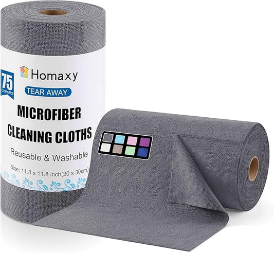 Homaxy Tear Away Dish Cloths Rolls, 75 Sheets-11.8" X 11.8", Reusable Washable Dish Towels for Kitchen, Ultra Absorbent and Quick Drying Microfiber Cleaning Rags, Grey