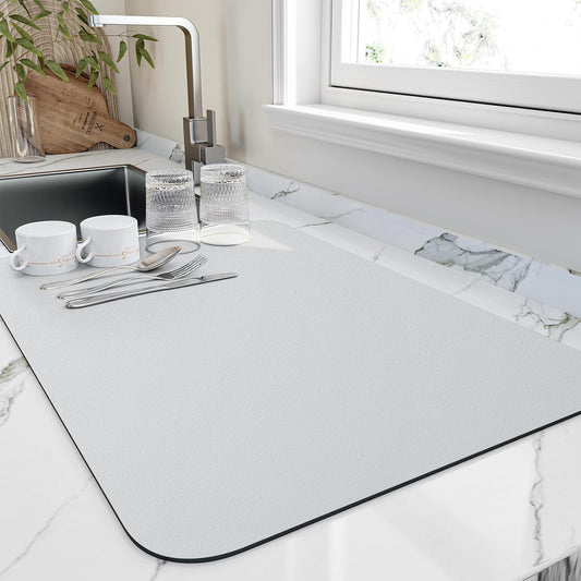 Dish Drying Mat for Kitchen Counter, Heat Resistant Drainer Mats with Non-slip Rubber Backed, Hide Stain Kitchen Super Absorbent Draining Mat, Easy to Clean Dish Rack Pad, Light Grey 18"x28"