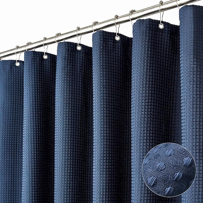Dynamene Stall Fabric Shower Curtain - 60 x 84 inch Long Waffle Weave Weighted Thick Cloth Shower Curtain for Bathroom, Neutral Heavy Duty Hotel Spa Luxury Bath Curtain Set with 10 Hook, Navy Blue
