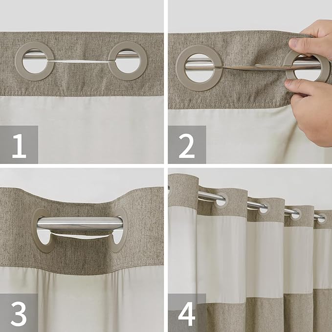 Stall No Hooks Needed Linen Textured Shower Curtain with Snap-in Fabric Liner Set,Hotel Luxury Decor Farmhouse Shower Curtains for Bathroom,Waterproof & Washable,54Wx80H,Khaki/Tan