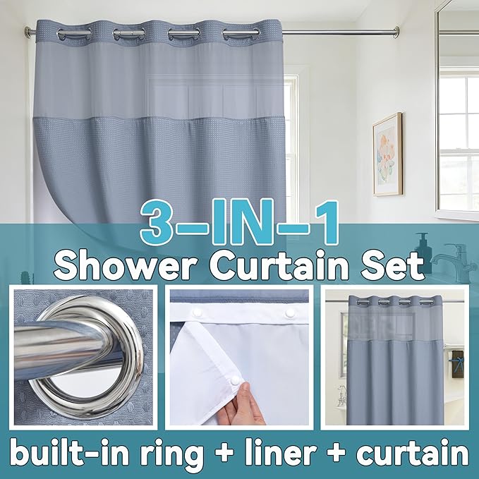 Conbo Mio Stall No Hook Waffle Weave Shower Curtain with Snap in Liner Set, Hotel Luxury Grey Shower Curtains for Bathroom with See Through Top Window, Waterproof, Washable 36W x 74H