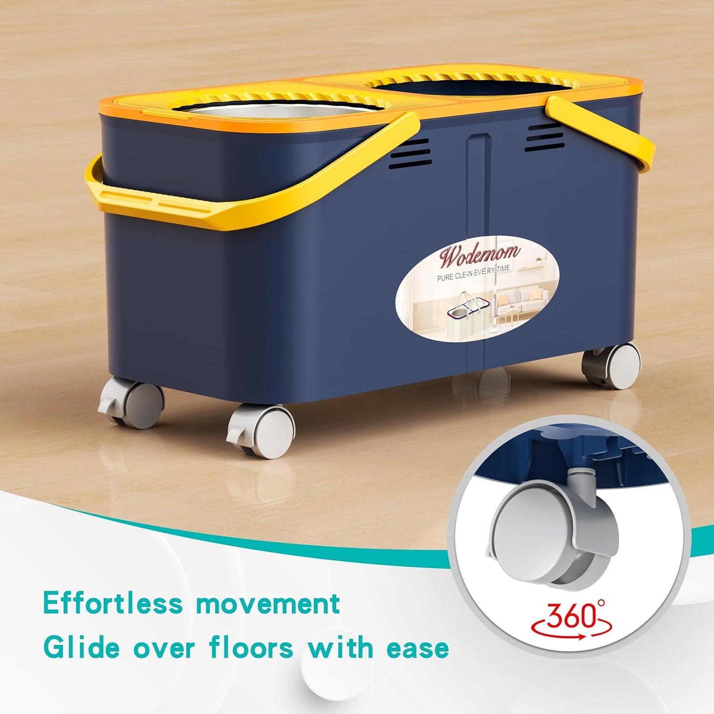 2025 Upgraded Spin Mop and Bucket with Clean & Dirty Water Separation, 360° Swivel Wheels, Hands-Free Wringer, 6 Microfiber Mop Heads for Home Floor Cleaning – Blue/Yellow