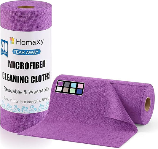 Homaxy Tear Away Dish Cloths Rolls, 40 Sheets-11.8" X 11.8", Reusable Washable Dish Towels for Kitchen, Ultra Absorbent and Quick Drying Microfiber Cleaning Rags, Purple