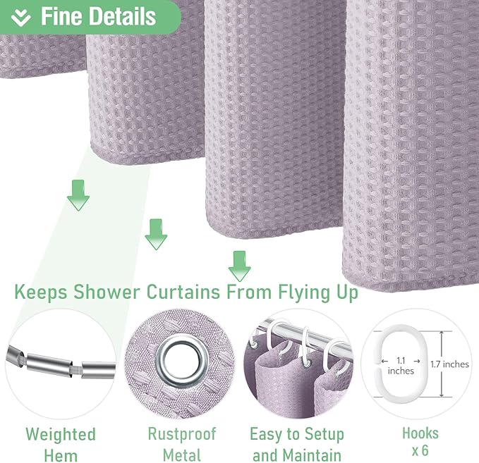 Dynamene Stall Fabric Shower Curtain - 36x72 Waffle Weave Weighted Cloth Shower Curtains for Bathroom, Neutral Heavy Duty Hotel Spa Luxury Bath Curtain Set with 6 Plastic Hooks, Lavender