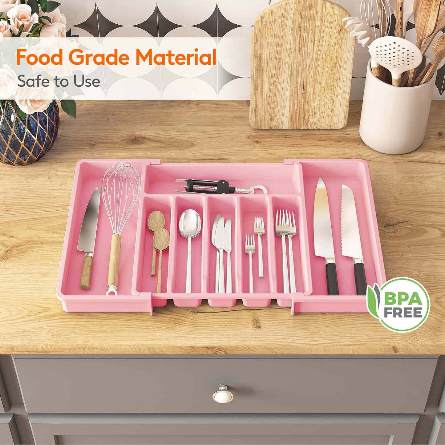 Lifewit Silverware Drawer Organizer, Expandable Utensil Tray for Kitchen, BPA Free Flatware and Cutlery Holder, Adjustable Plastic Storage for Spoons Forks Knives, Large, Pink