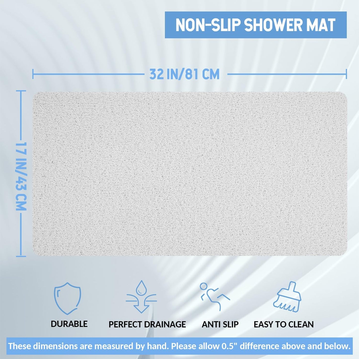 Non-Slip Bathtub Mat, Anti Slip Shower Mat, Fast Drying Bathtub Mats, Foot Scrubber Mat, Anti Slip Mat for Tub, Floor, Bathroom, Kitchen, Home, Hotel (White 32"×17")