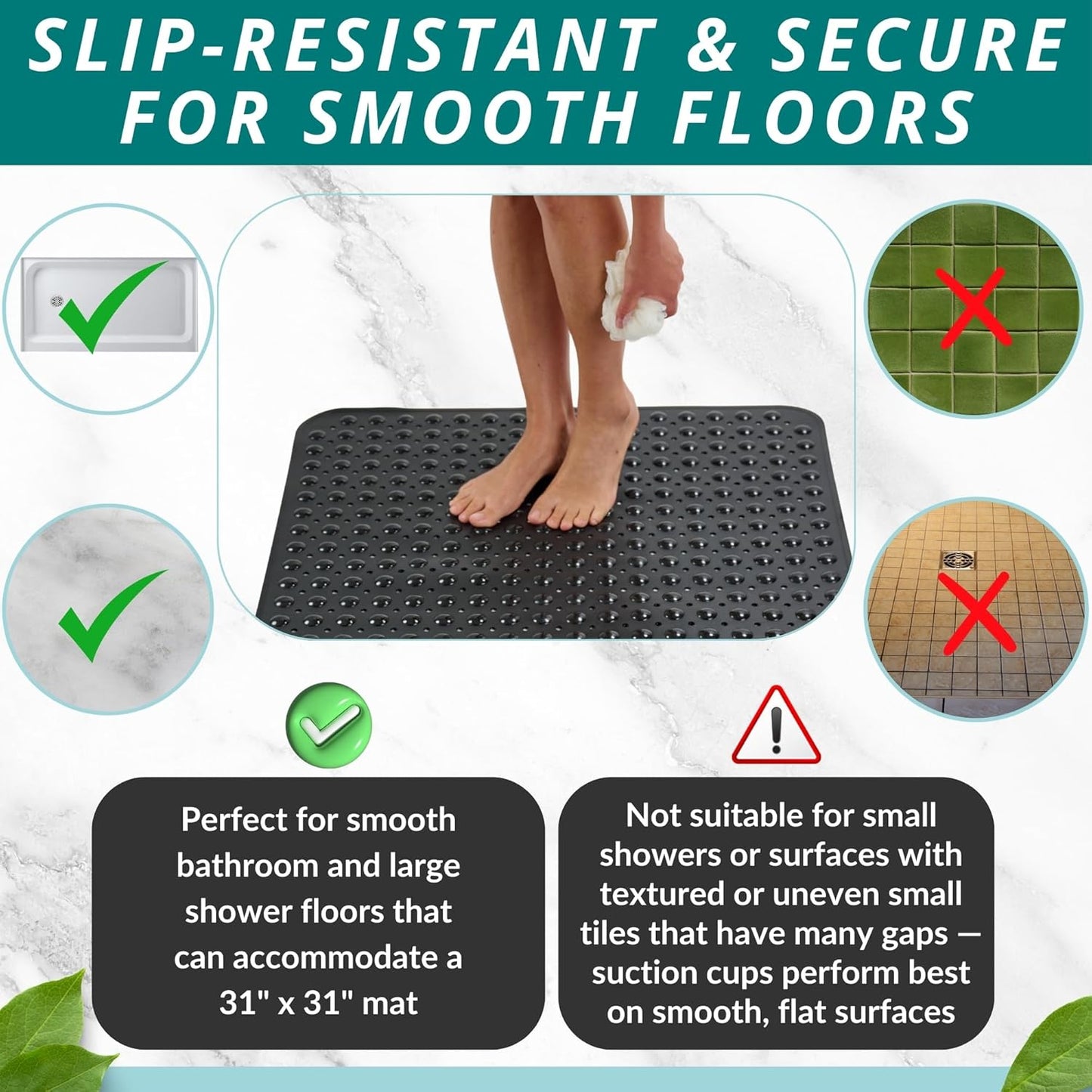 ENKOSI Extra Large Square Non Slip Shower Mat - 31 x 31-inch XL Bathroom Shower Mat - Square Shower Matts for Shower Stall Floors | Secure Suction Cups and Drain Holes (31x31 Black)