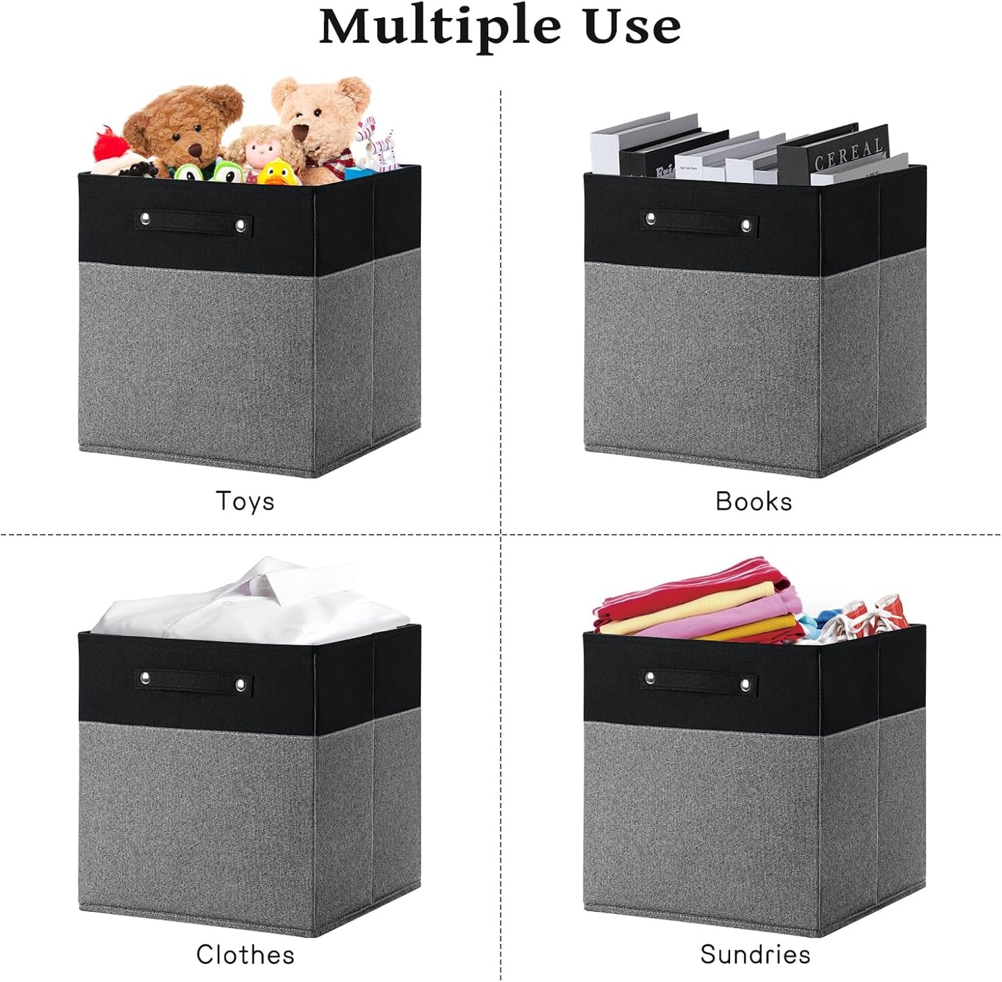 13 x 13 Inch Fine Linen Storage Bins with Handles，Fabric Cube Boxs，Collapsible Basket Organizers for Shelves for Home, Closet Drawers (Black/Gray-6 Pack)