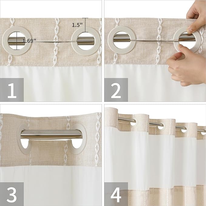 No Hook Long Shower Curtain Set with Snap-in Fabric Liner,Linen Textured Thick Striped Fabric with Tassels,Boho Farmhouse Rustic Luxury Bathroom Curtain,Water-Repellent,Cream/Beige,71x80