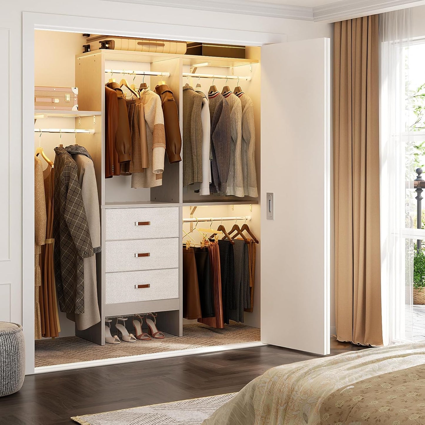 Armocity 5FT Small Closet System with 3 Fabric Drawers, 60 Inches Walk In Closet Organizer System With 3 Adjustable Shelves, Heavy Duty Clothes Rack Built-In Garment Rack, 59" L x 16" W x 71" H, Grey
