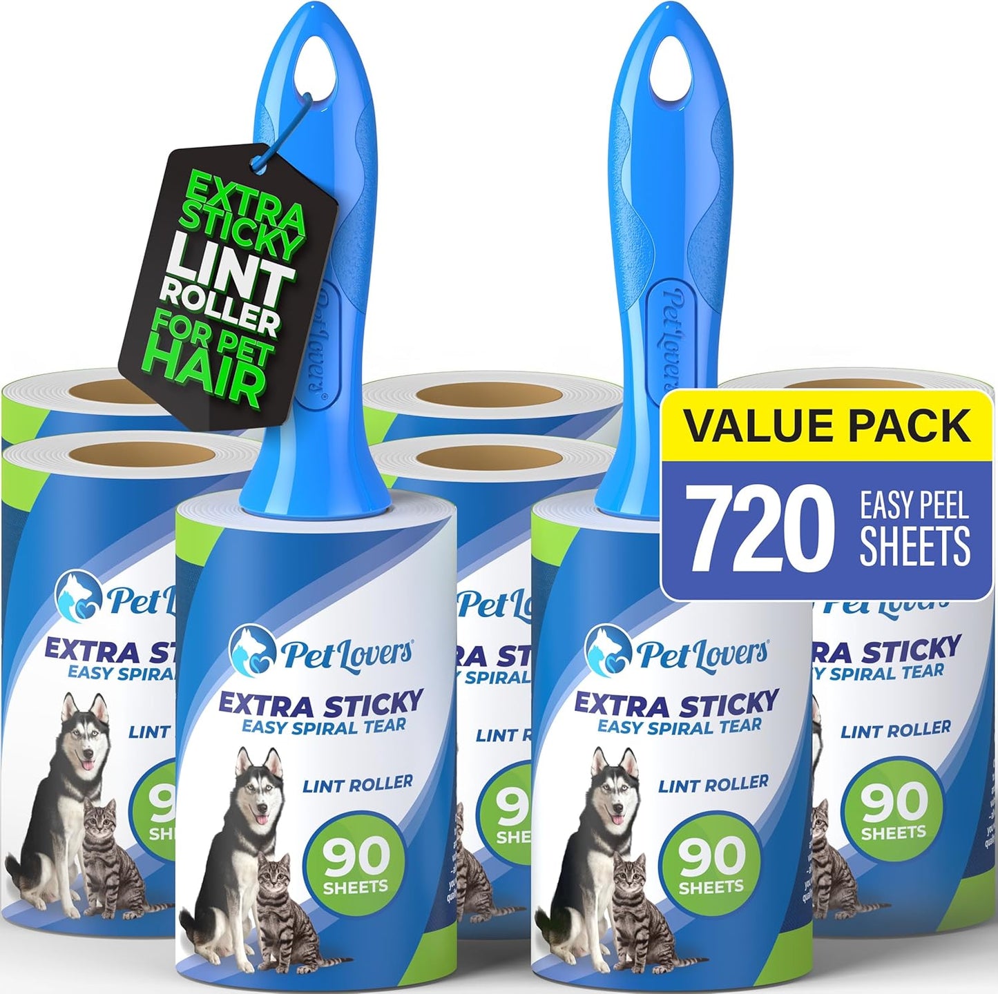PetLovers Extra Sticky Lint Roller Mega Value Set 720 Sheets for Pet Hair Removal and Clothes, Dog and Cat Lint Remover, 8 Pack