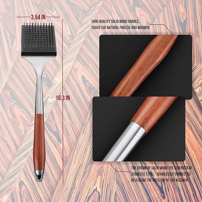KULUNER Premium Grill Brush and Scraper - Solid Wood Handle, Scratch-Free Stainless Steel Bristles, Includes Replacement Brush Head - Features Bottle Opener, Compatible with All Grills
