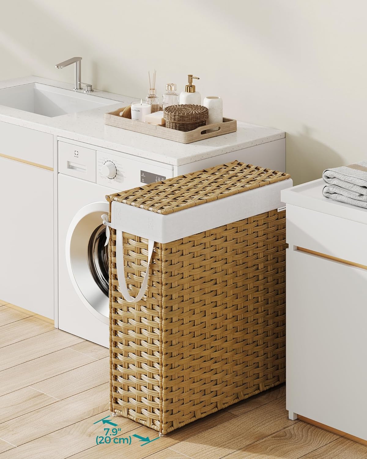 SONGMICS Slim Laundry Hamper with Lid, 14.5 Gallon (55L) Rattan Clothes Laundry Basket with Lid and Handles, Foldable, Removable Liner, Goose Yellow ULCB164N01