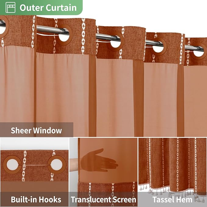 Boho Farmhouse No Hook Shower Curtain Set with Snap-in Fabric Liner,Heavy-Duty Linen Textured Rustic Striped Design,Water-Repellent with Tassels and Sheer Window,Orange,71x74