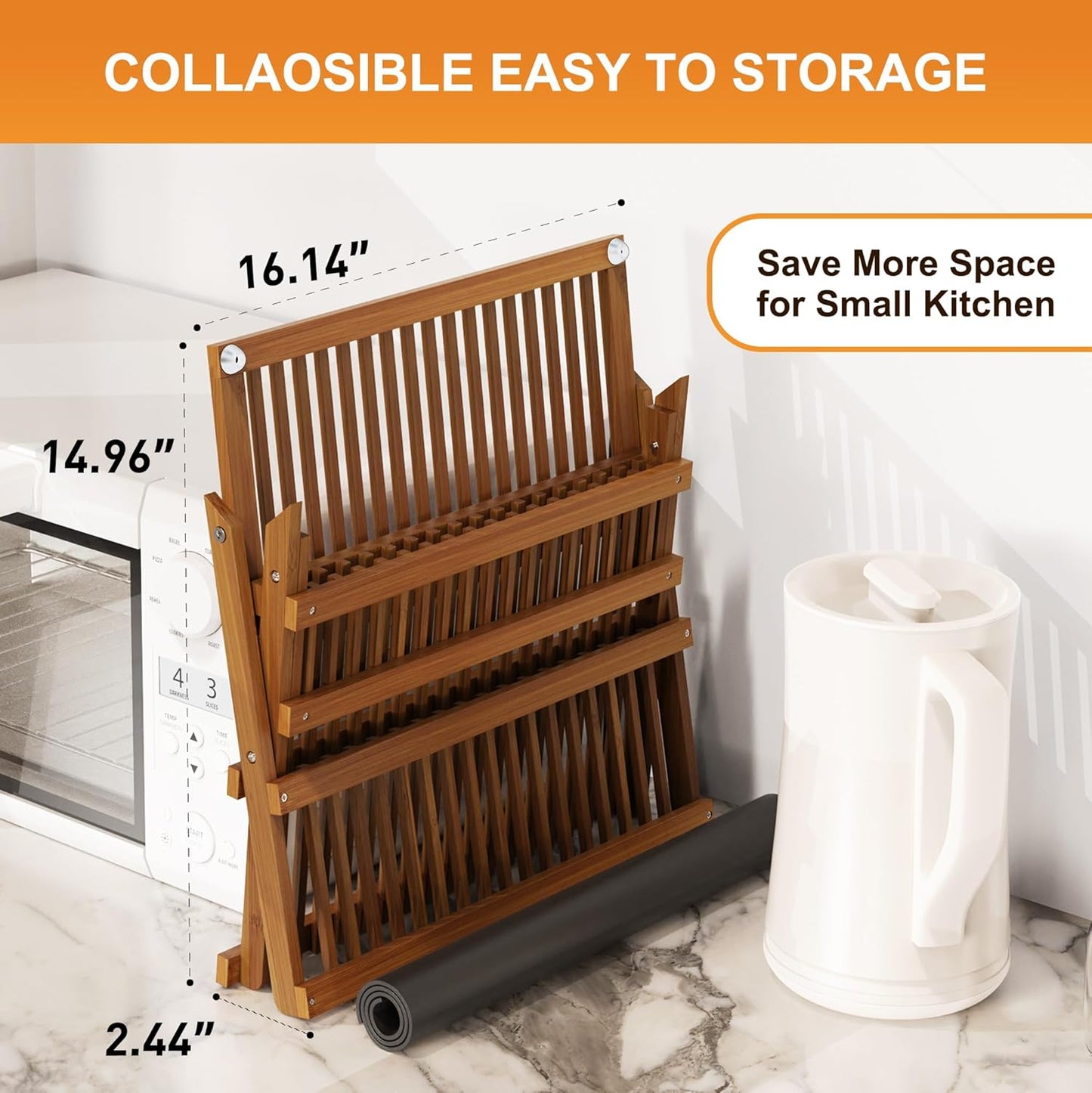 Greenual Teak Dish Drying Rack with Utensil Holder, 3 Tier Collapsible Dish Rack, Wooden Dish Racks for Kitchen Counter, Large Folding Drying Holder with Absorbent Dish Drying Mat