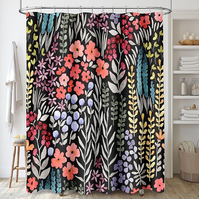 Long Shower Curtain 72 x 78 Inch, Tall Cute Floral Shower Curtain for Bathroom, Colorful Wildflower Boho Cottagecore Fabric Shower Curtain Set with Hooks, Black